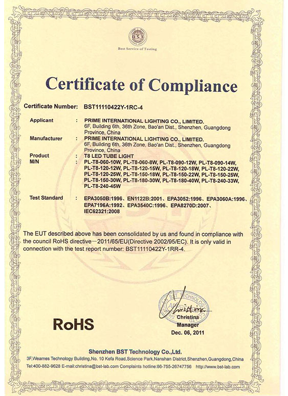 led tube lights rohs certificate